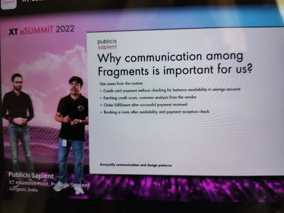 MandyD01's tweet photo. Another great and insightful session with practical examples on Design patterns for effective communication among fragments by @vijendramisra and Salil
#XTeSummit2022 #xtsummit2022 #xtesummit2022 @PubSapientIndia https://t.co/tQUsf416X9