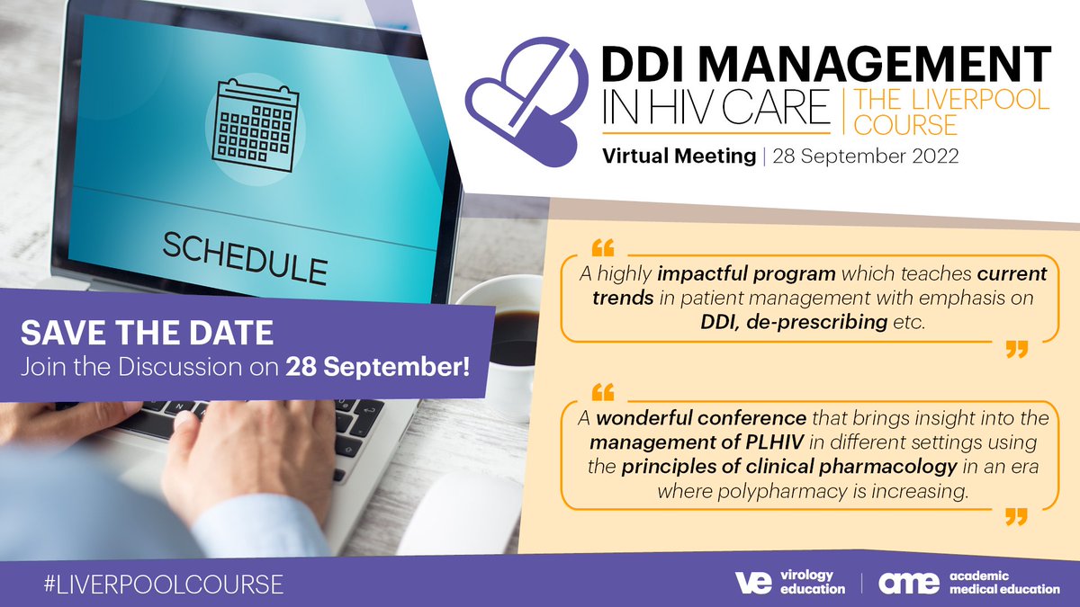 Academic_MedEdu's tweet photo. Announcing the 2022 #LiverpoolCourse!

Join leading experts on 28 September 2022 to explore key concepts in clinical #pharmacology and drug-drug interactions in the management of people living with #HIV.

@hivinteractions @daveback01 @AlicePharmd https://t.co/rL1KaxW6Ob