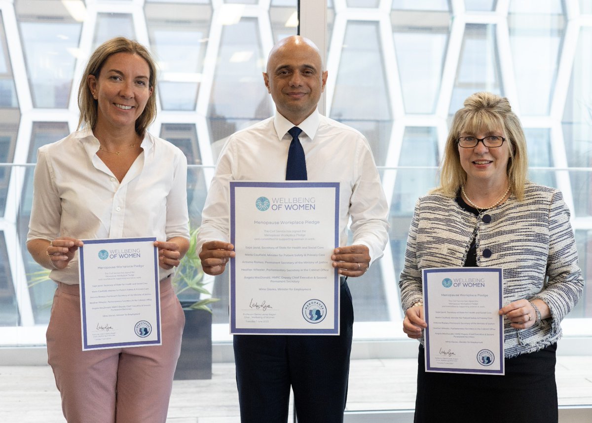 Crucial the Civil Service attracts & retains top talent throughout women's careers. Brilliant that Health Sec @sajidjavid has signed the @WellbeingofWmen #MenopauseWorkplacePledge for Govt, committing the CS to supporting menopausal women. Pleased to sign as CS Gender Champion.
