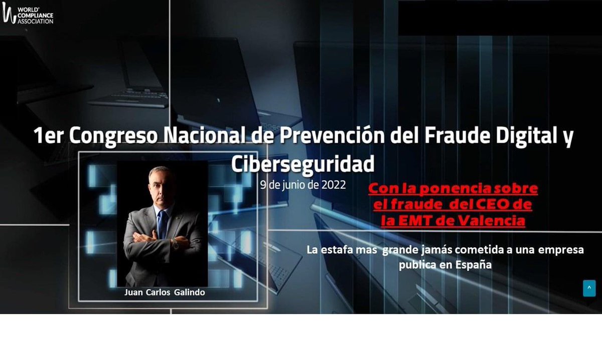 jcgalindo_'s tweet photo. 💢Mañna estaré como ponente en el auditorio #Cecabank en Madrid en el 1er congreso de prevención del Fraude digital y ciberseguridad. Organizado por @worldcompl con el soporte de @INCIBE @Cyber_Madrid y @MADRID
💢Hablando del Fraude(del CEO)a la @emtvalencia @AjuntamentVLC https://t.co/PzebMROc3Q