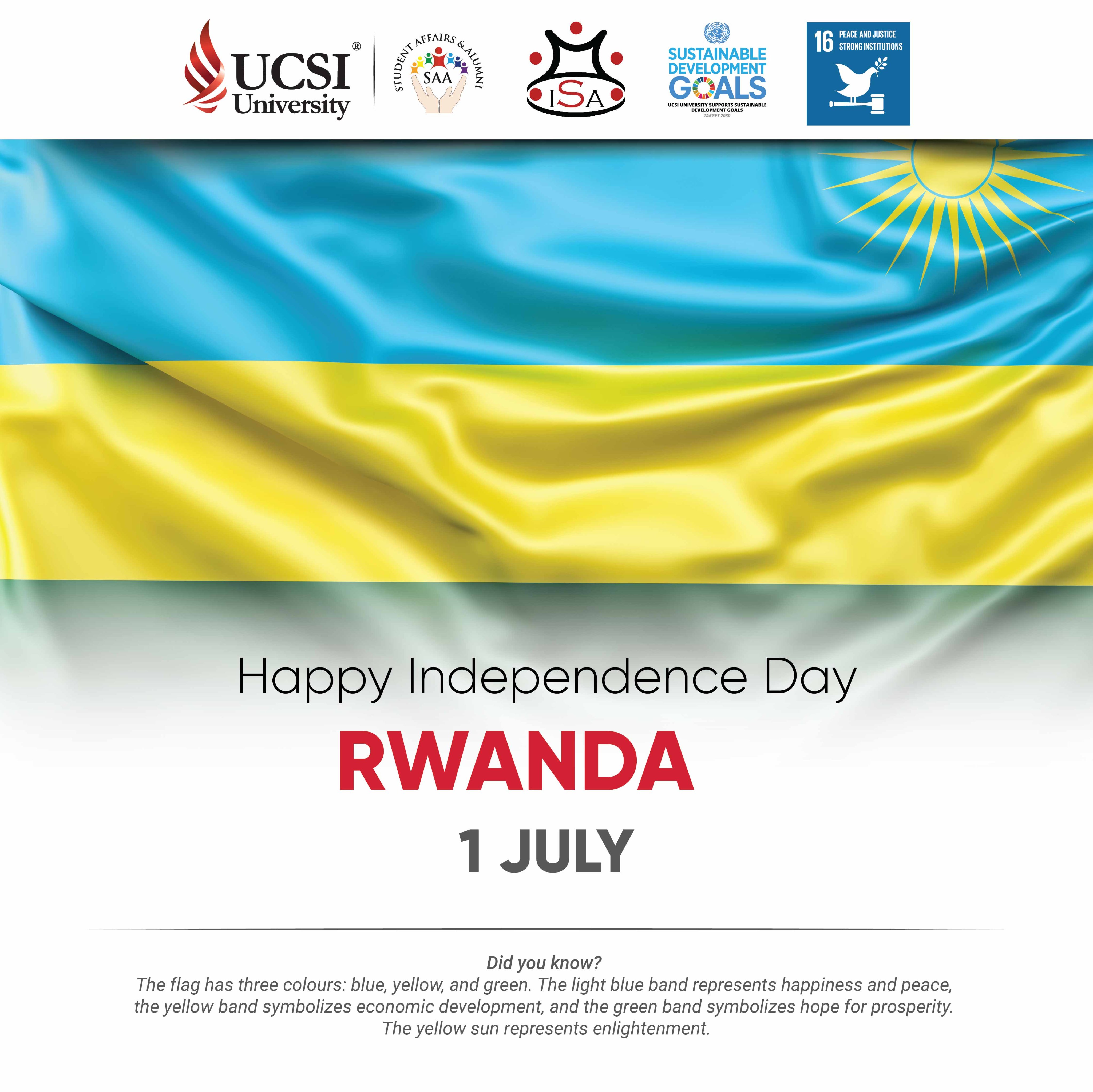 Normalisering ambition riffel UCSI University on Twitter: "Happy Independence Day Rwanda! The flag has  three colours: blue, yellow, and green. The light blue band represents  happiness and peace, the yellow band symbolizes economic development, and