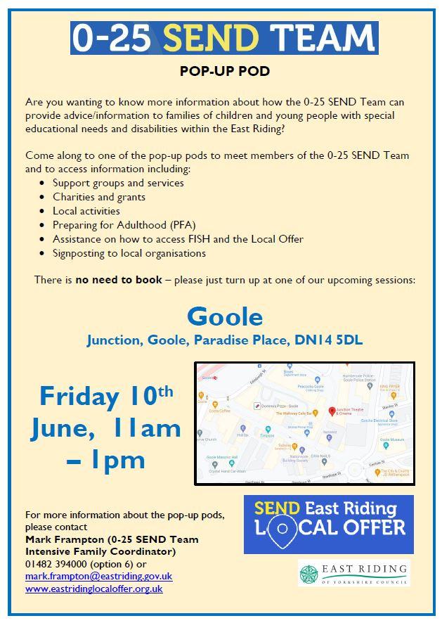 EnergisebyEG's tweet photo. *East Riding Parents and Carers*
THIS FRIDAY (10th June) our team will be attending the 0-25 SEND Team Pop-up Pod in Goole!
Come along, meet our wonderful team, find out more about our fun and engaging groups and ask any questions you may have! 🤩#eastriding #SENDlocaloffer https://t.co/1tyUcW7Y1r