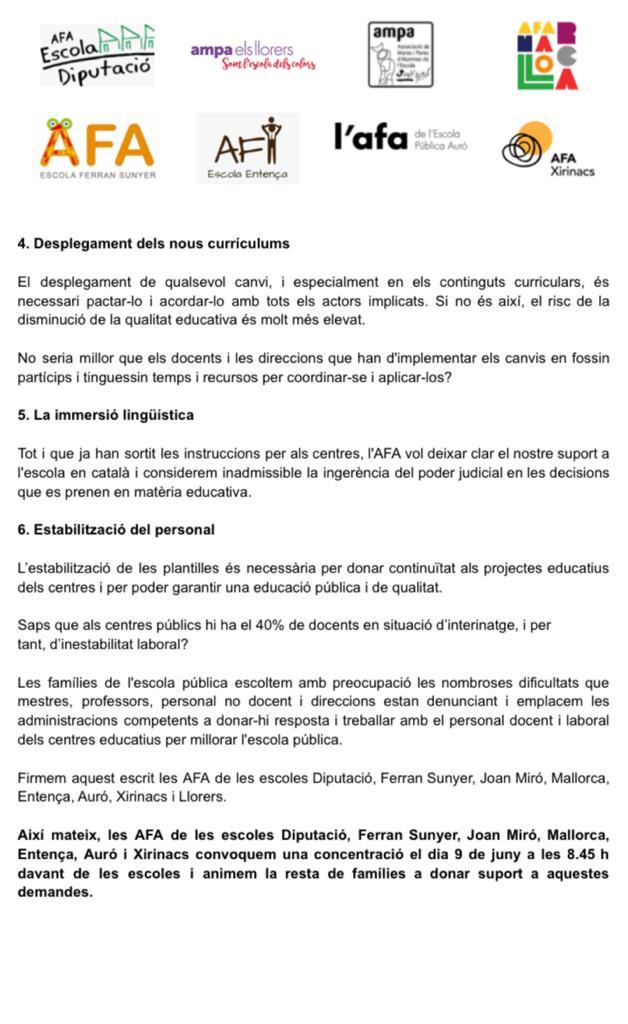 Agraïm a les famílies la seva solidaritat cap a les reivindicacions dels docents. El rebuig a les imposicions en forma de privatització del departament d'educació <a href="/JosepGCambray/">Josep G. Cambray</a> és compartit per tots els sindicats i la majoria de docents, direccions i famílies.
#cambraydimissio