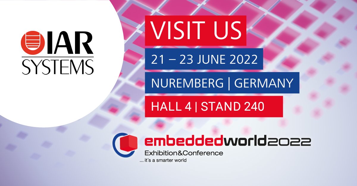 IAR (@iarsystems) on Twitter photo Join us at embedded world 2022!
Come by our booth to learn more about embedded development and explore our latest technology in action! We are also presenting a number of sessions at the conference iar.com/news/events/em…
We look forward seeing you! Join us at embedded world 2022!
Come by our booth to learn more about embedded development and explore our latest technology in action! We are also presenting a number of sessions at the conference iar.com/news/events/em…
We look forward seeing you!