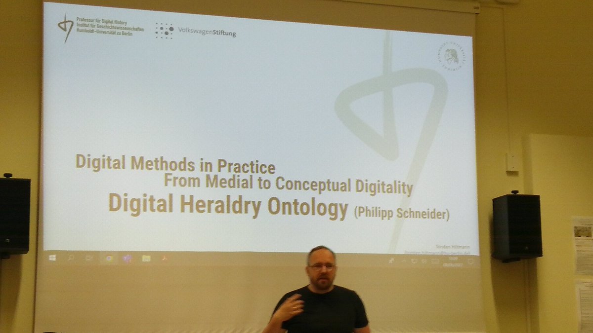 arhn_larhra's tweet photo. In another domain of history, @TorstenHiltmann  talks us about Digital Heraldy Ontology, research conducted in collaboration with Philipp Schneider @cliotex at @UniboDHARC #DataForHistory workshop. https://t.co/lqFrzduQXl