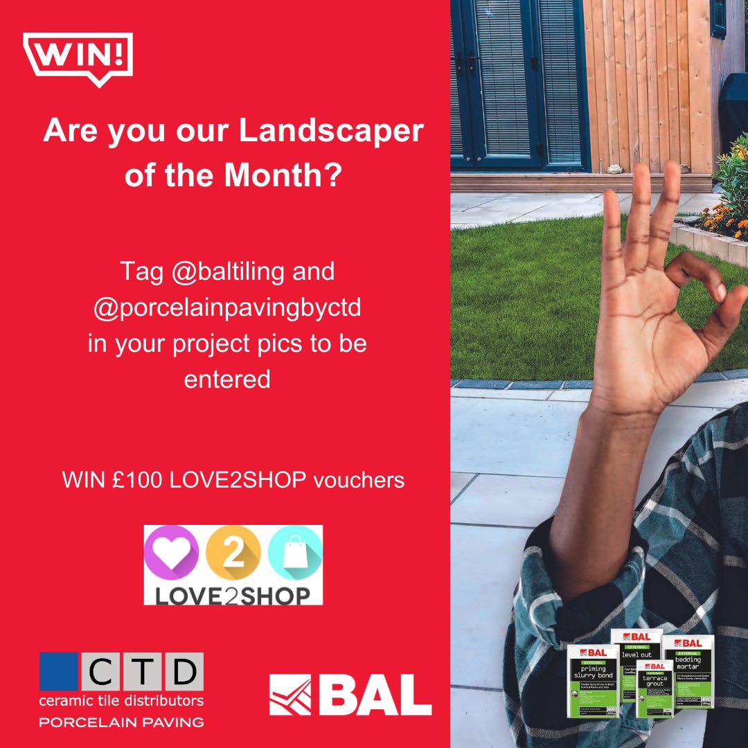 BAL_DavidM's tweet photo. Have you used @PorcelainPavingbyCTD with BAL's External Tiling Range?
 
Post your project pics and you win a £100 Love to Shop Voucher with our Landscaper of the Month Competition! 🛒
 
Simply tag us in your project pics - @BALTiling and @PavingbyCTD 
#Landscaping #BALTiling #CTD https://t.co/rJAdj5A3Gy