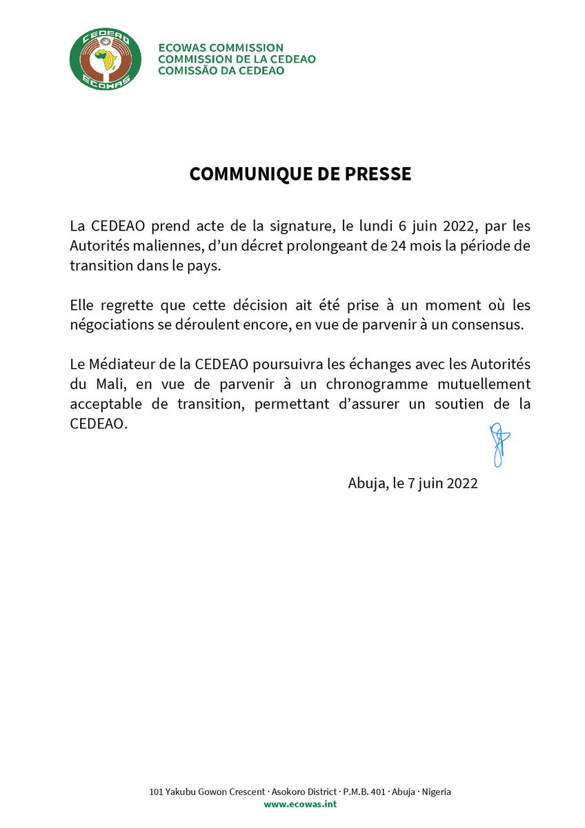 ecowas_cedeao's tweet photo. Communiqué de presse de la CEDEAO sur le Mali https://t.co/Txt3f41MER
