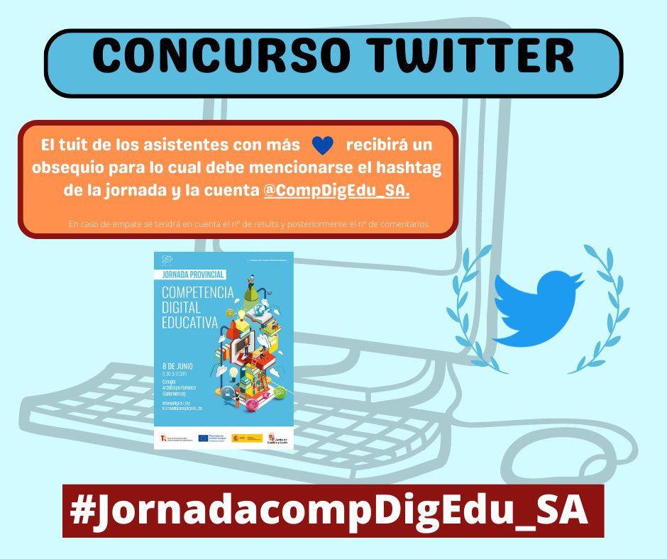 CompDigEdu_SA's tweet photo. 📌📌📌 Bienvenid@s a la #JornadacompDigEdu_SA

🔈🔈AVISO!!! ⚠️⚠️Sí y sólo sí, eres asistente a la jornada de hoy puedes participar en el concurso TWITTEA LA JORNADA📲

⬇️info. ¡Empezamos!  🏆al final de la jornada. 
@CompDigEdu_SA @educacyl @cfiesalamanca @CFIE_CR https://t.co/Nz1PCbWR9u