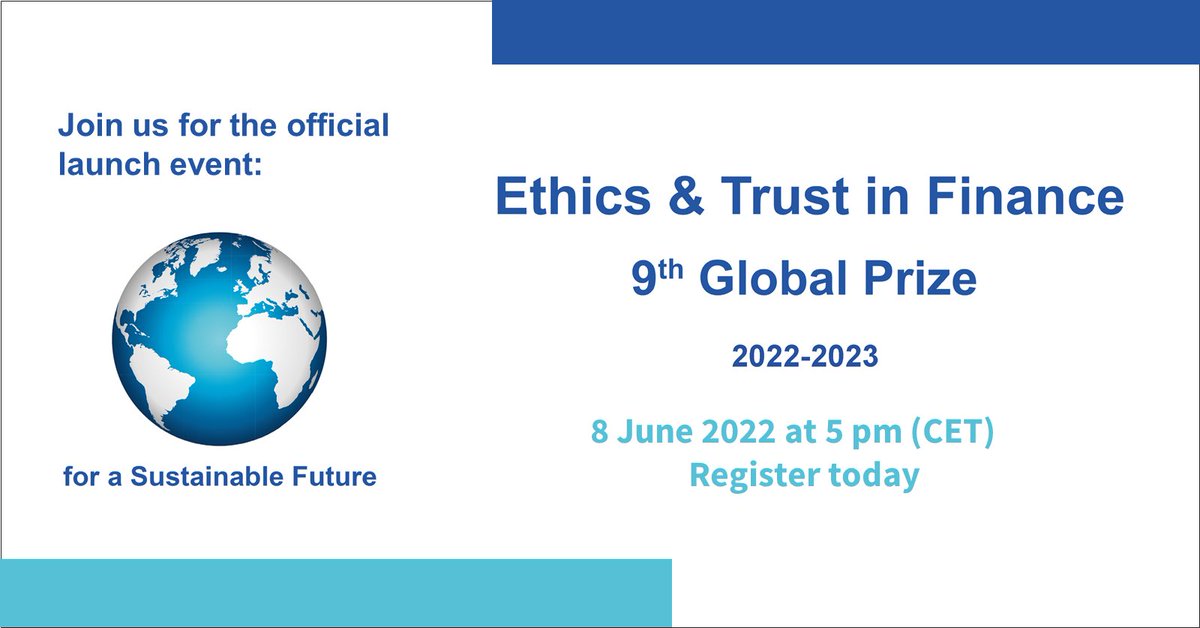 EthicsinFinance's tweet photo. It's today! Join us (5 pm CET) for the online official launch of the 9th. edition of the global Prize "Ethics &amp; Trust in Finance for a Sustainable Future". 

Program and registration here: https://t.co/GCSIIVxA01 https://t.co/AESPd6VeRY