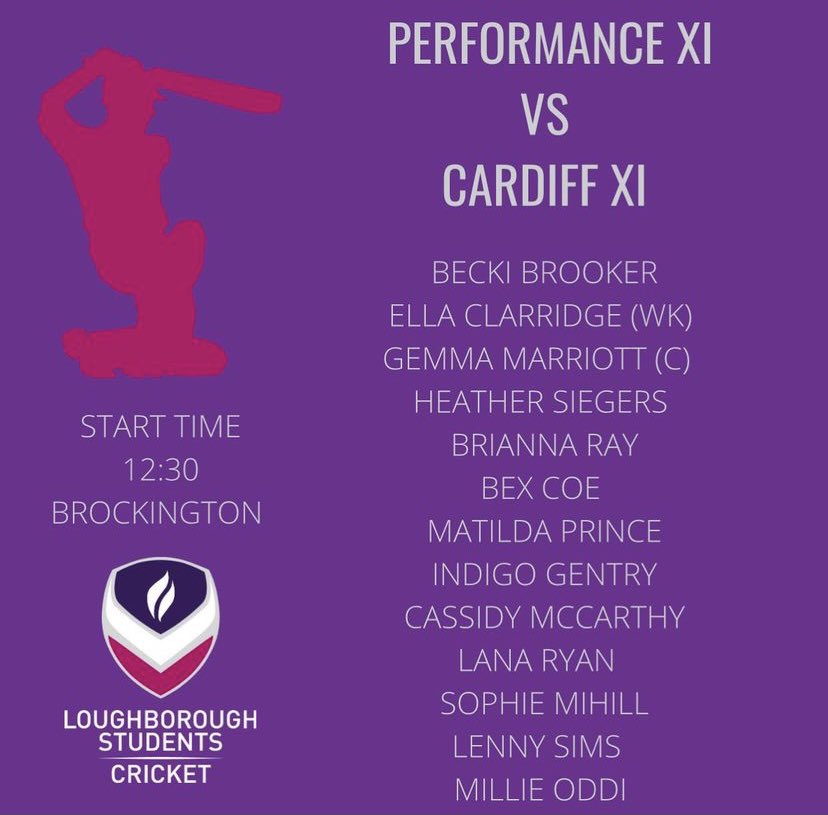 🏏GAME DAY🏏

Here’s the team for today’s <a href="/BUCSsport/">BUCS</a> national semi-final!

We’re looking forward to welcoming <a href="/cmetWCC/">CMet Womens Cricket</a> to campus for today’s game. Get yourself down to Brockington to show the purples your support 💜

<a href="/LboroAU/">Loughborough Students’ Athletic Union</a> <a href="/LboroSport/">Loughborough Sport</a>