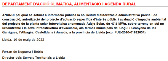 saladiesergi's tweet photo. Que curiós que un dia després d'entrar en vigor la modificació que @accioclimatica introdueix al DL 16/2019 que permet instal·lar renovables en zones de regadiu, apareguin dos megaprojectes (de 108ha. i 90ha. cadascun) al Segarra-Garrigues. Casualitat o causalitat? #Decretsamida https://t.co/a2ROdutltZ