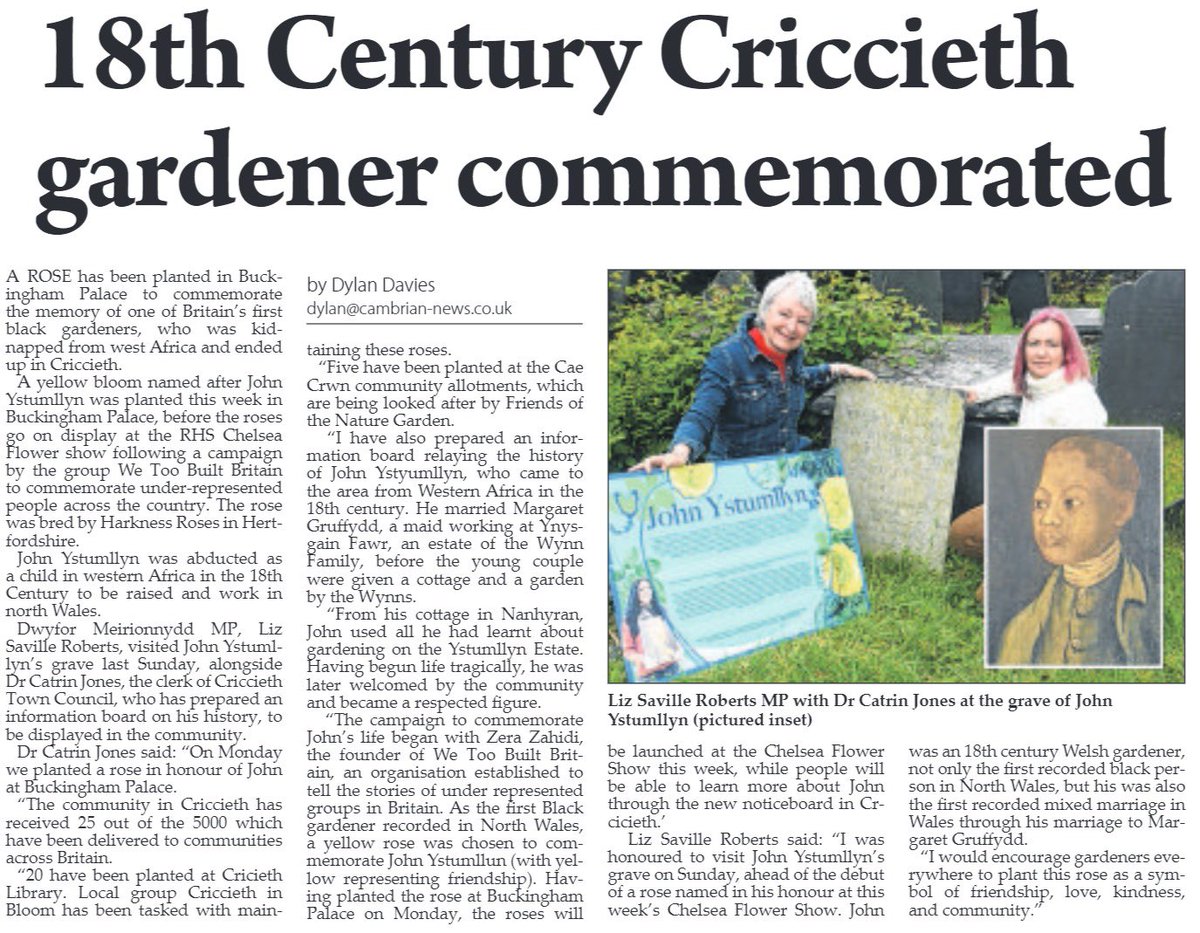 LSRPlaid's tweet photo. Good write-up in the Cambrian News on the planting of a rose in memory of #JohnYstumllyn - first recorded black person in north #Wales who is buried at Eglwys Cynhaearn #Pentrefelin.
@Zehra_Zaidi @catrinjones0 ๐น๐ต๐ด๓ ง๓ ข๓ ท๓ ฌ๓ ณ๓ ฟ https://t.co/351KA2Ilia