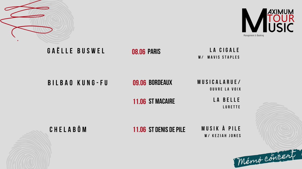 À retenir cette semaine !

#concert #mémo #maximumtourmusic #paris #bordeaux #gironde #rock #guitare #gaellebuswel #bilbaokungfu #chelabom #damerabia #festival #musicalarue #musikapile