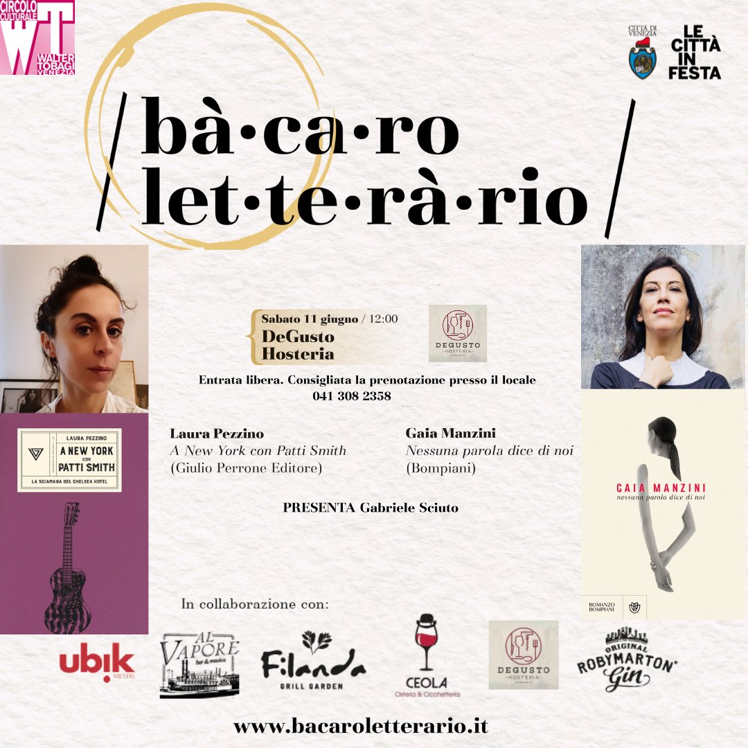 Sabato 11 giugno ore 12 DeGusto Hosteria (Mestre): Laura Pezzino ("A New York con Patti Smith" - <a href="/giulioperrone/">Giulio Perrone Editore</a>) e Gaia Manzini ("Nessuna parola dice di noi" - Bompiani). Vi aspettiamo!
<a href="/laurapezzino/">Laura Pezzino</a> <a href="/libribompiani/">Bompiani</a> <a href="/annalisa_tr/">Annalisa Trabacchin</a> <a href="/ubikmestre/">LIBRERIA UBIK MESTRE</a> <a href="/84_CharingCross/">84 Charing Cross</a> <a href="/TobagiVenezia/">Circolo Culturale Walter Tobagi Venezia</a>