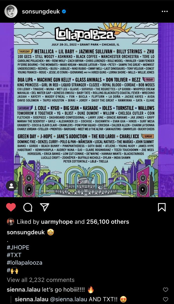 btsbaragi_jk's tweet photo. Hobi liked Son Sungdeuk’s Lollapalooza ig post. 
Sienna Lalau (The Lab) also commented under the post: “let’s go hobiii!!!!🔥 AND TXT!!😍” https://t.co/dALzArCu59