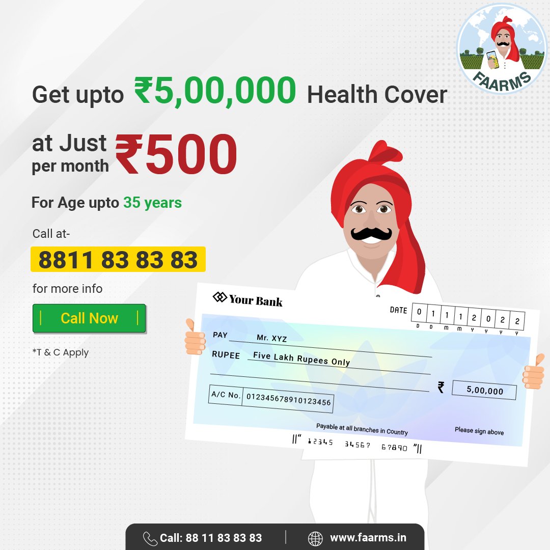 FaarmsIndia's tweet photo. Get Up to ₹500000 Health Cover starting at Just ₹500/Month
Give us a missed call at (+91) 88 11 83 83 83 for more information.
@careinsuranceIN @RelianceGenIn
#Faarms #healthinsurance #healthcare #insurance #cattlefeed #FaarmsApp #DairyFarming #healthcover #Agriculture https://t.co/P6S7kC8CrR