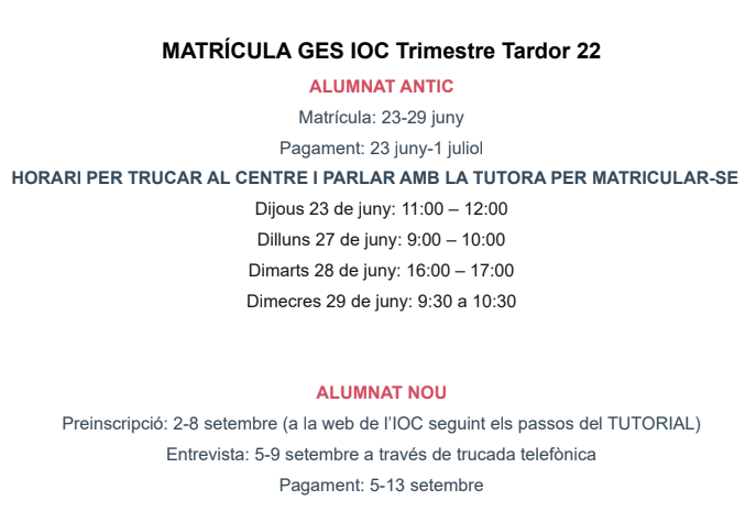 📅📝 Calendari de tutories per a preinscricpió i matrícula IOC curs 22-23 (tardor)
#IOC #GES #secundàriaadults #secundària #fadults #cfavilaseca