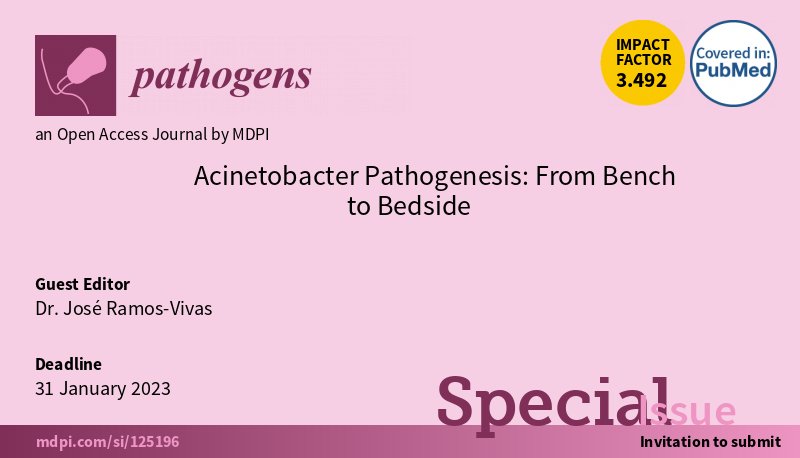 joseramosvivas's tweet photo. Let's go this new editorial adventure. I invite all of you who work with #Acinetobacter 🦠 to submit your articles to this Special Issue in the journal @Pathogens_MDPI
🔬 #AMR #bacterialinfection #bacterialpathogenesis @MDPIOpenAccess @Micro_MDPI @Molecules_MDPI https://t.co/qbL8bEtFBG