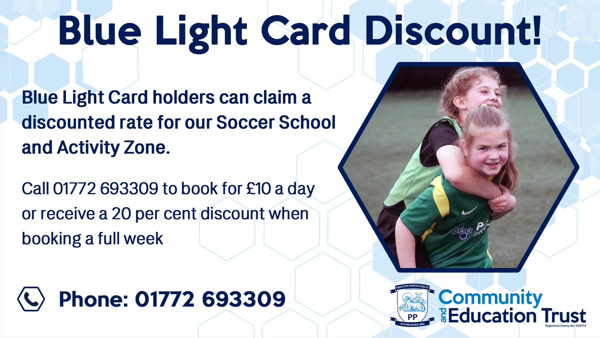 💙 Considering booking a place for your child on the #PNECET Summer Soccer School and Activity Zone?

Blue Light Card holders can book over the phone, at the discounted rate of £10 a day, or £40 for a five-day week!

📞 01772 693309

#pnefc