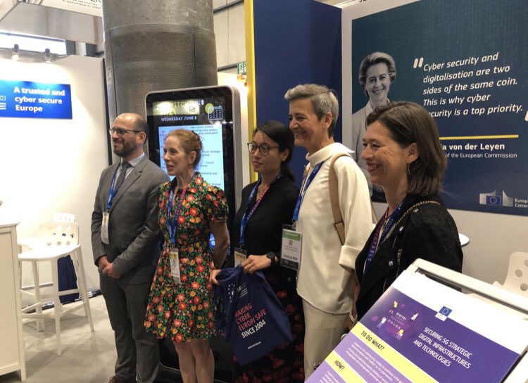 Today *someone* passed by the <a href="/enisa_eu/">ENISA</a> and <a href="/Cybersec_EU/">CyberSec_EU 🇪🇺</a> stands at #FIC! <a href="/vestager/">Margrethe Vestager</a> asked about the feedback we get on people’s needs on cyber, although the highlight was: I ended the conversation with “I am a big fan of yours🤩” (😅)