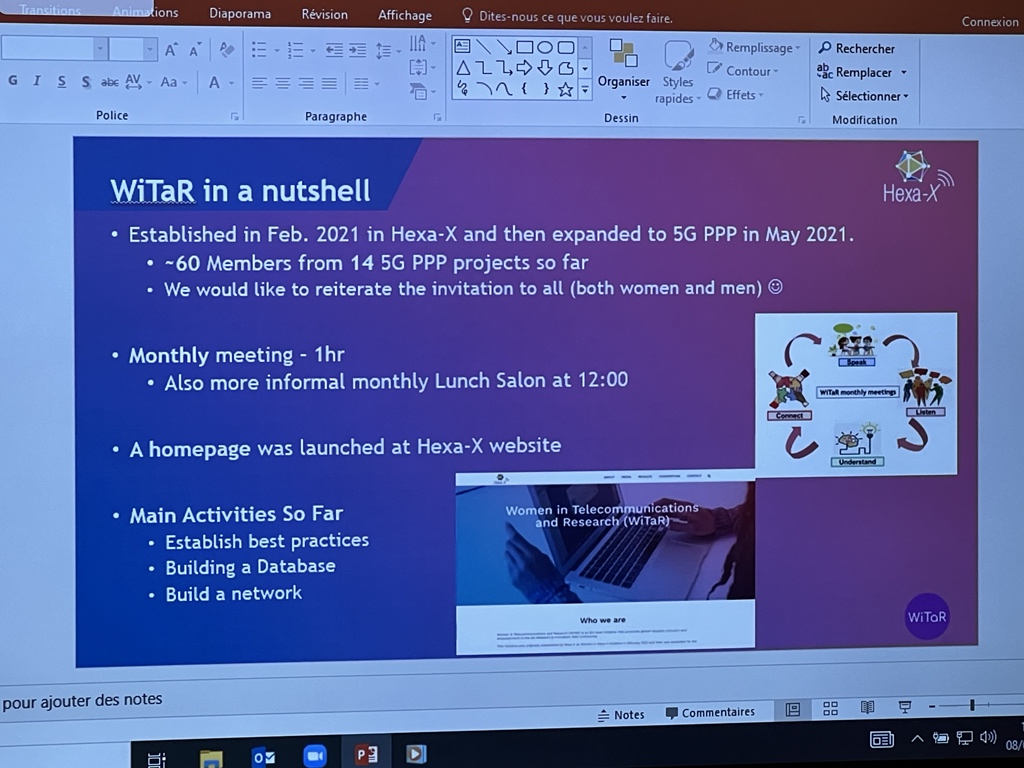 Hexa_X_2020's tweet photo. Marie-Helen presents WiTaR in a nutshell #WiTaR #EUCNC #EuCNC2022 #6GSummit https://t.co/z0HU0mEBE2
