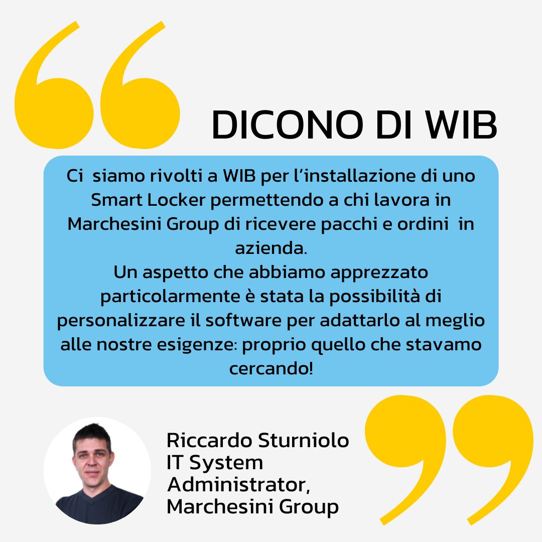 Marchesini Group si è rivolto a  WIB per una soluzione di #welfareaziendale che rendesse più sicura e agile la ricezione dei pacchi in azienda. Abbiamo installato 3 Parcel Locker in 3 diverse sedi del gruppo: ecco la testimonianza di Riccardo Sturniolo, IT System Administrator!