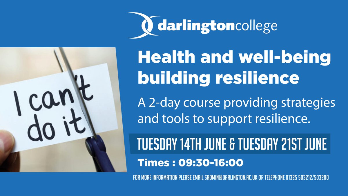 Darlington College (@darlingtonfe) on Twitter photo Free Short Courses for Adults at Darlington College!
Get the strategies you need to build your resilience with this 2-day course. Taking place on Tues 14 June and Tues 21 June, if you’re interested contact sadmin@darlington.ac.uk or call 01325 503212/ 200 to find out more Free Short Courses for Adults at Darlington College!
Get the strategies you need to build your resilience with this 2-day course. Taking place on Tues 14 June and Tues 21 June, if you’re interested contact sadmin@darlington.ac.uk or call 01325 503212/ 200 to find out more