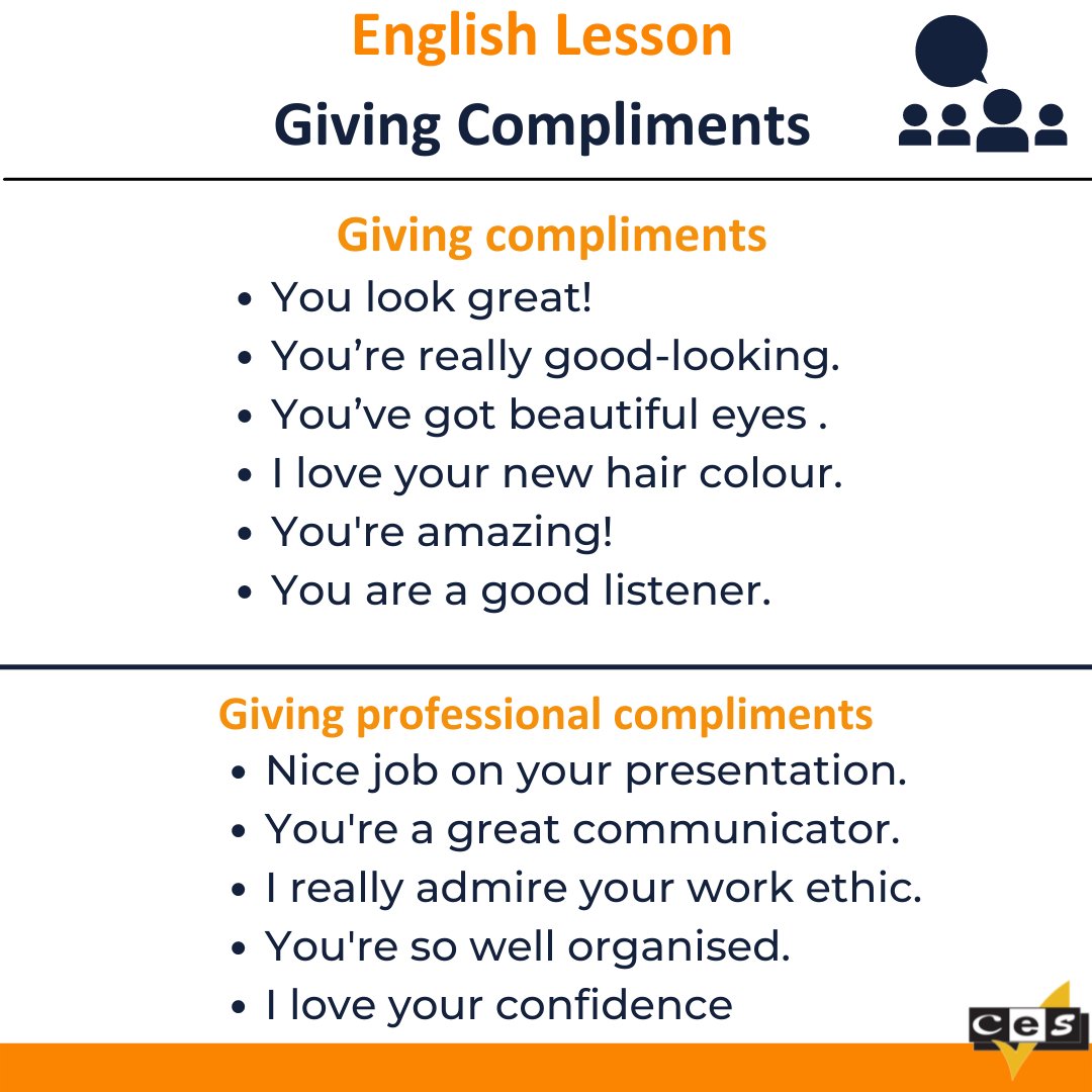CESschools's tweet photo. You can make someone's day by giving them a genuine compliment. π Let's go over a few ideas for compliments to get you started!
#English #LearnEnglish #cesschools #studyabroad #learnenglish #learningenglish #studyenglish #englishlearners https://t.co/ubwYDvBt4C