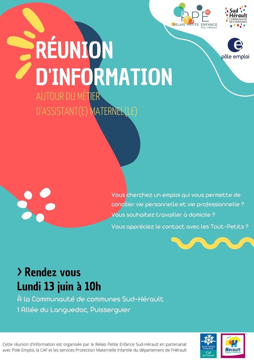 infojeunesSH's tweet photo. 📌 Réunion d’information autour du métier d’assistant(e) maternel(le) à Puisserguier le 13 juin à 10h00. https://t.co/RbOGPYgiS0
