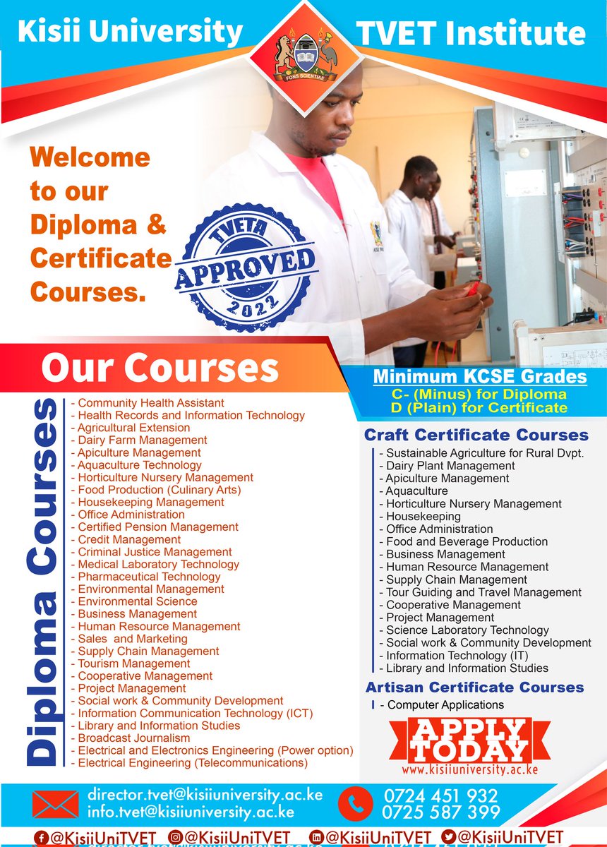 kisiuniofficial's tweet photo. The Kisii University TVET Institute welcomes you to join the Diploma &amp; Certificate courses of your choice. Let us put the required skills right into your hands #KisiiUniTVET @KisiiUniTvet @TVETAKenya https://t.co/feTqslsHpn