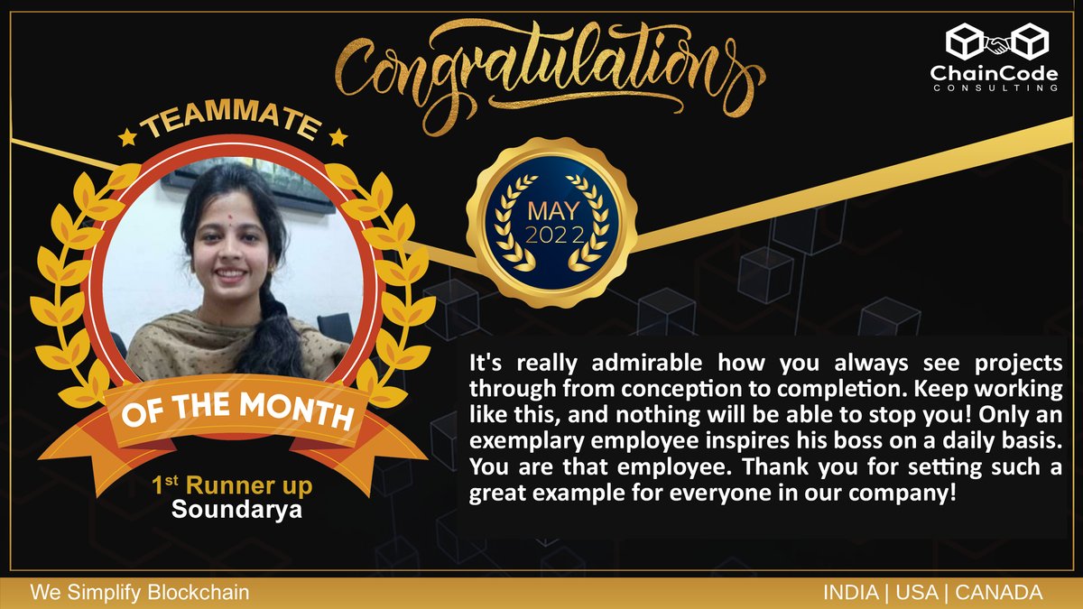 ChaincodeLlp's tweet photo. Chaincode Consulting LLP announces
‘Awards of Excellence’ for the month of May
Winner: Saurabh Borse
1st Runner up: Soundarya
2nd Runner up: Shaishav
#chaincode #Teammateofmonth #blockchain #blockchaintechnology #chainblock #blockchaindevelopment https://t.co/0JXAEttrbd
