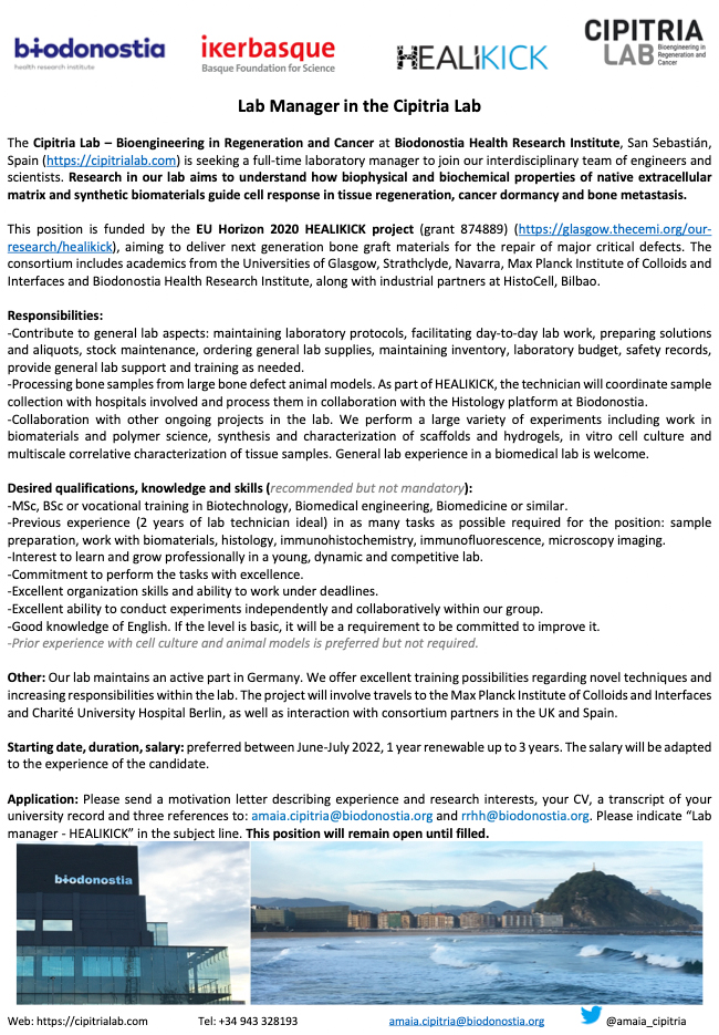 OPEN POSITION &amp; please RT – Still looking for a full-time lab manager at the new cipitrialab.com @Biodonostia <a href="/Ikerbasque/">Ikerbasque</a>, working with the #H2020 #HEALIKICK team. Please apply👇 if you are interested in #biomaterials and biological #tissues. bit.ly/3xtv0zi