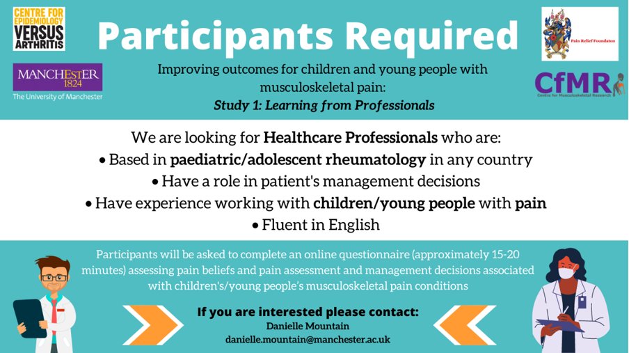 CfE_UoM's tweet photo. Paediatric/adolescent #rheumatology healthcare professionals are still needed for an online questionnaire exploring #pain beliefs, assessment &amp; management!

Help us make a difference by taking part!

https://t.co/0SEb9dcV8d

More info: https://t.co/xSpRst2EIo https://t.co/Ud52nuxUNa
