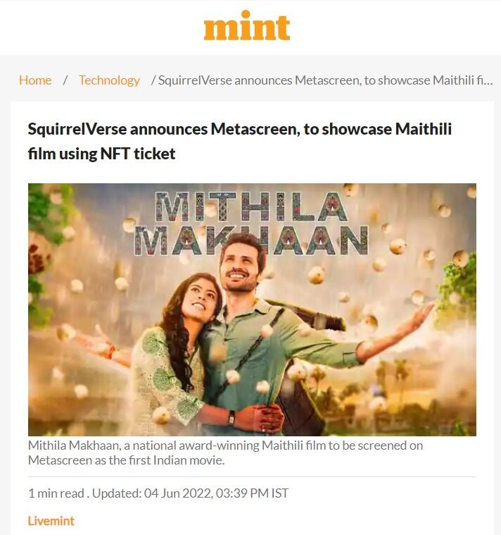 Squirrel_web3's tweet photo. #squirrelverse launches #metascreen to showcase Maithili film using #NFT ticket. A curated NFT commerce platform for showcasing unique #NFTs as movie tickets. Thank you @livemint for the feature. Read the complete article to know more https://t.co/UQ4vfJUp7Z https://t.co/jGK26neFxj