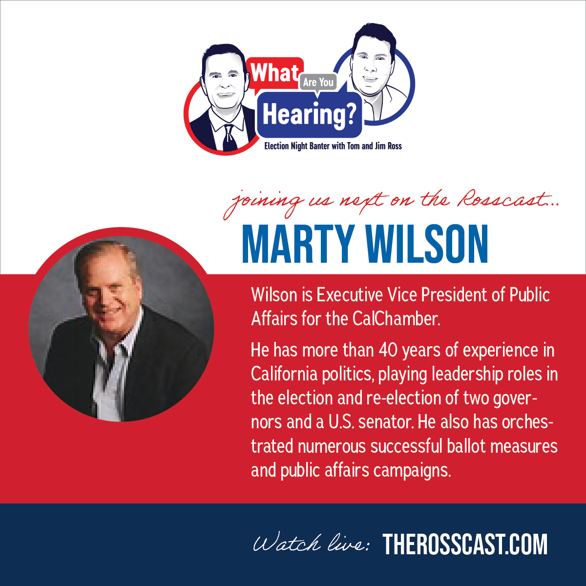 Swing_Strat's tweet photo. Marty Wilson, editor of the @CATargetBook will join us, @twitross &amp; @jasross, shortly to discuss competitive primaries and who appears to be the early winners and losers. https://t.co/nm299C6NNY