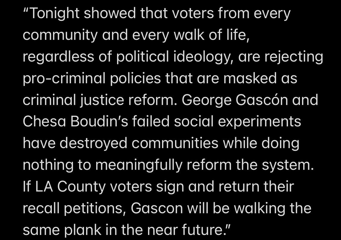 NEW: The campaign to recall Los Angeles DA @GeorgeGascon is reacting to the successful recall of progressive San Francisco DA Chesa Boudin.
“Gascón will be walking the same plank in the near future.”
<a href="/DAGasconRecall/">RecallDAGeorgeGascon</a> statement to <a href="/FoxNews/">Fox News</a>: