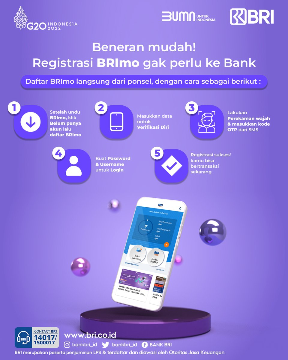 kontakBRI's tweet photo. Sobat BRI. Registrasi BRImo beneran mudah, dapat dilakukan di rumah. Yuk, simak cara registrasi BRImo berikut ini dan nikmati berbagai kemudahan transaksi perbankan dalam satu genggaman. Selamat mencoba, sehat dan sukses selalu ya.

#BRIEdukasi https://t.co/Gn7wwmwnfC