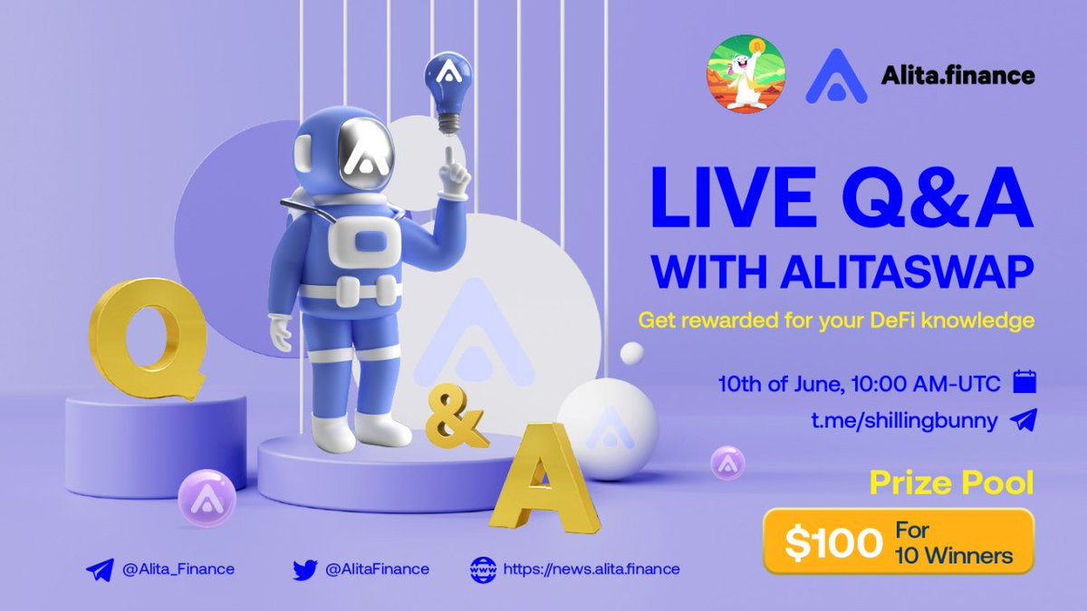 ⚡️Alitians! ⚡️

✅In 10 minutes, our Q&amp;A session with #shillingbunny will begin.

✅Participate in our discussion with #Alitafinance's team RIGHT NOW and discover the infinite possibilities. 💵💵💵

🏠Venue: t.me/shillingbunny 
⏰10 June , 10:00 AM - UTC 
🏆$100 in prizes