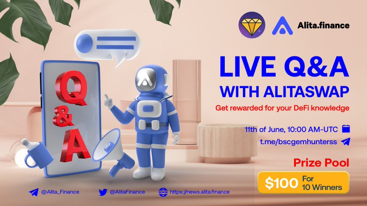 💥With #bscgemhunterss, we've compiled some of our community's most intriguing questions on Saturday!

💥Come and ask questions to get rewards in 10 minutes! 

🏠Venue: t.me/bscgemhunterss
⏰11 June, 10:00 AM - UTC 
🏆$100 in rewards