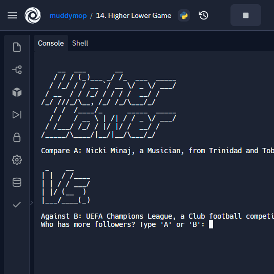 muddymop's tweet photo. Day 14 of #Python #100DaysOfCode: I’ve made it! Coded a “Higher-Lower Game” entirely on my own, without cheating! Well, still not perfect yet, but it’s working as it should. 😉 @yu_angela @LondonAppBrewer @udemy (GUI version: https://t.co/9Sl7tvFSqp) https://t.co/16tiRys2Yu