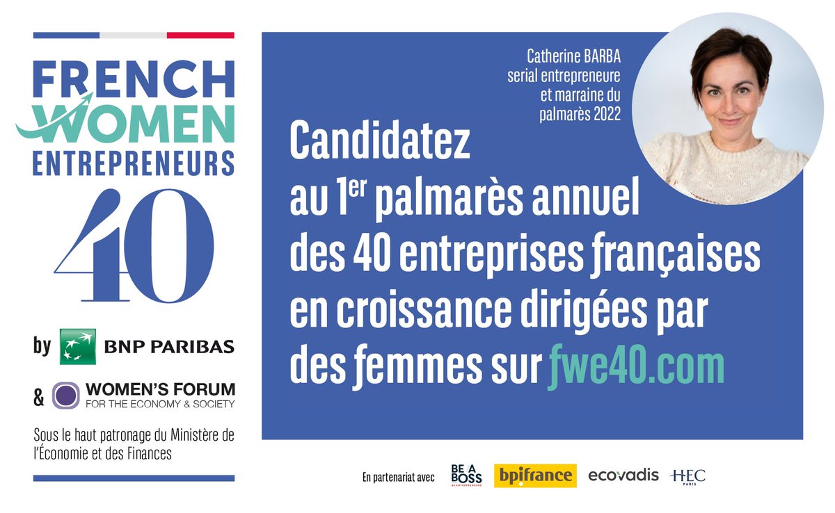 cathbarba's tweet photo. 🤩 Honorée d’être la marraine du 1er palmarès 🇫🇷 #FWE40 lancé par les équipes #ConnectHers @BNPParibas et le @WomensForum !
Amies entrepreneurEs : une opportunité inédite de faire rayonner et soutenir le dynamisme de votre entreprise 🚀
👉 Candidatez sur https://t.co/H30FPuJRiS https://t.co/9wB9JD4Aoj