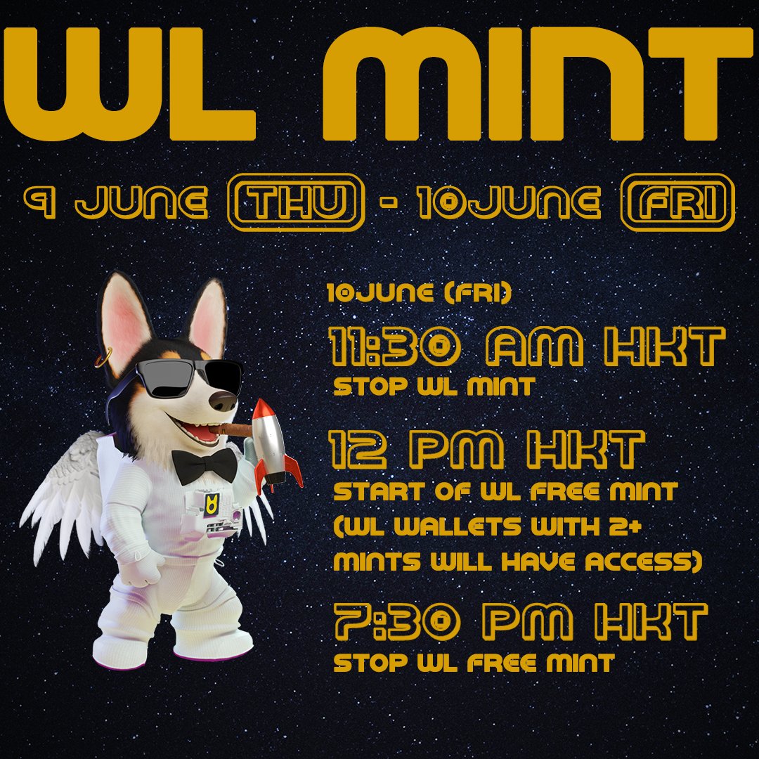WL Mint Date is approaching fast 🚀Are you ready to take home your Tamacorgis? 🔥
📅WL Mint: 9 June - 10 June
💰WL Mint Price: 0.1ETH
‼️WL Members please make sure you've already filled in the WL MINT FORM to get access to WL mint‼️
#FreeMint #FreeMintNFT #FreeMints #FreeNFT