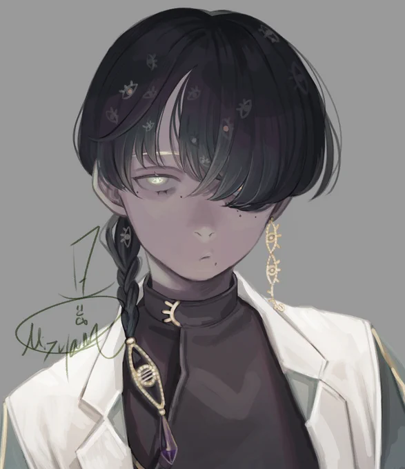 オリジナル。先日描いてた子の全体図です。目目と書いてモクモクくんです～。3枚目はデザインラフ 