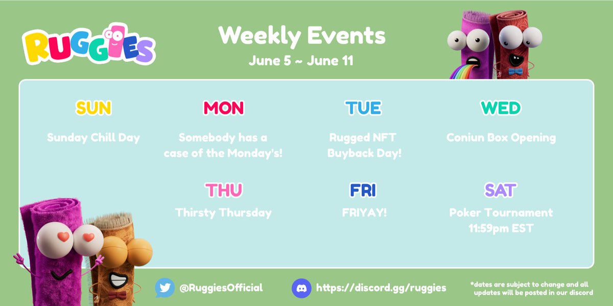 Ruggies (@ruggiesofficial) on Twitter photo Here is the calendar for this week
Come hang out in the discord for info on how we buy your rugged NFT's! Here is the calendar for this week
Come hang out in the discord for info on how we buy your rugged NFT's!