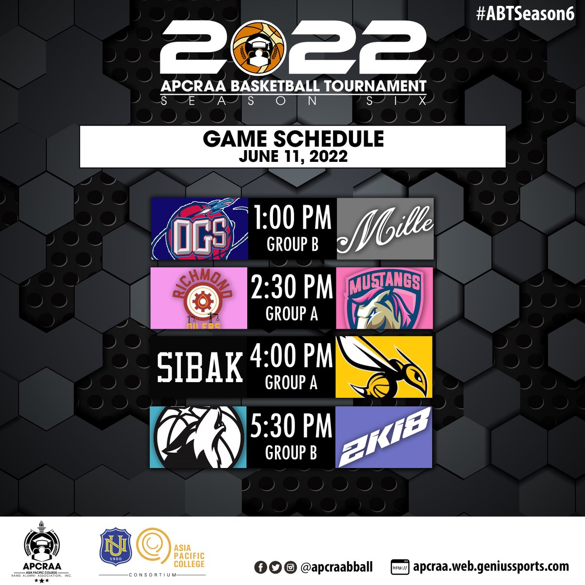 apcraabball's tweet photo. Alumni basketball action continues at the APC Gymnasium this Saturday, June 11 with a quadruple-header! 
For play-by-play, news and other updates follow:
📸https://t.co/GhCuYWaDea
💻https://t.co/QN9D7pVr1n
Follow us on Facebook:
APCRAA Basketball Tournament
#ABTSeason6 https://t.co/nIKUcaj1yy