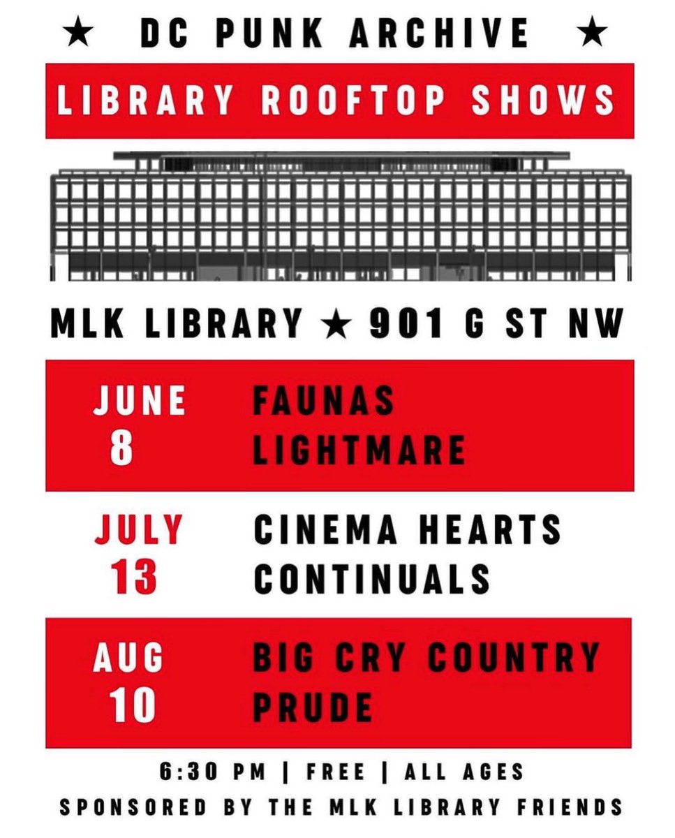 MtPLibFriends's tweet photo. Join us Today for the first of 3 summer MLK Library rooftop shows!
ALL AGES / FREE / ALL LOCAL
We will be slinging shirts &amp; totes along with the @mlklibraryfnds ! 
6:30PM 
901 G st nw, DC 
#dcpunkarchive #dcpunk #dchc #library #friendsofthelibrary https://t.co/mqWZyhKZTt