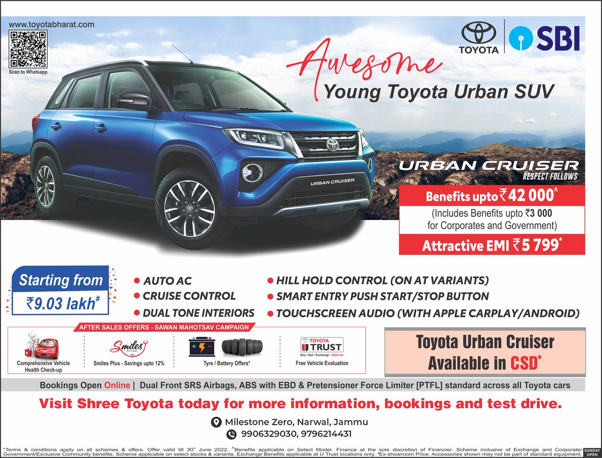 ShreeToyotaJmu's tweet photo. It's your turn to push start your way to blissful drives.

Book your #UrbanCruiser today.

#RespectFollows
#ShreeToyota
#ToyotaIndia
#Jammu
#Ladakh https://t.co/e2szGTksjm