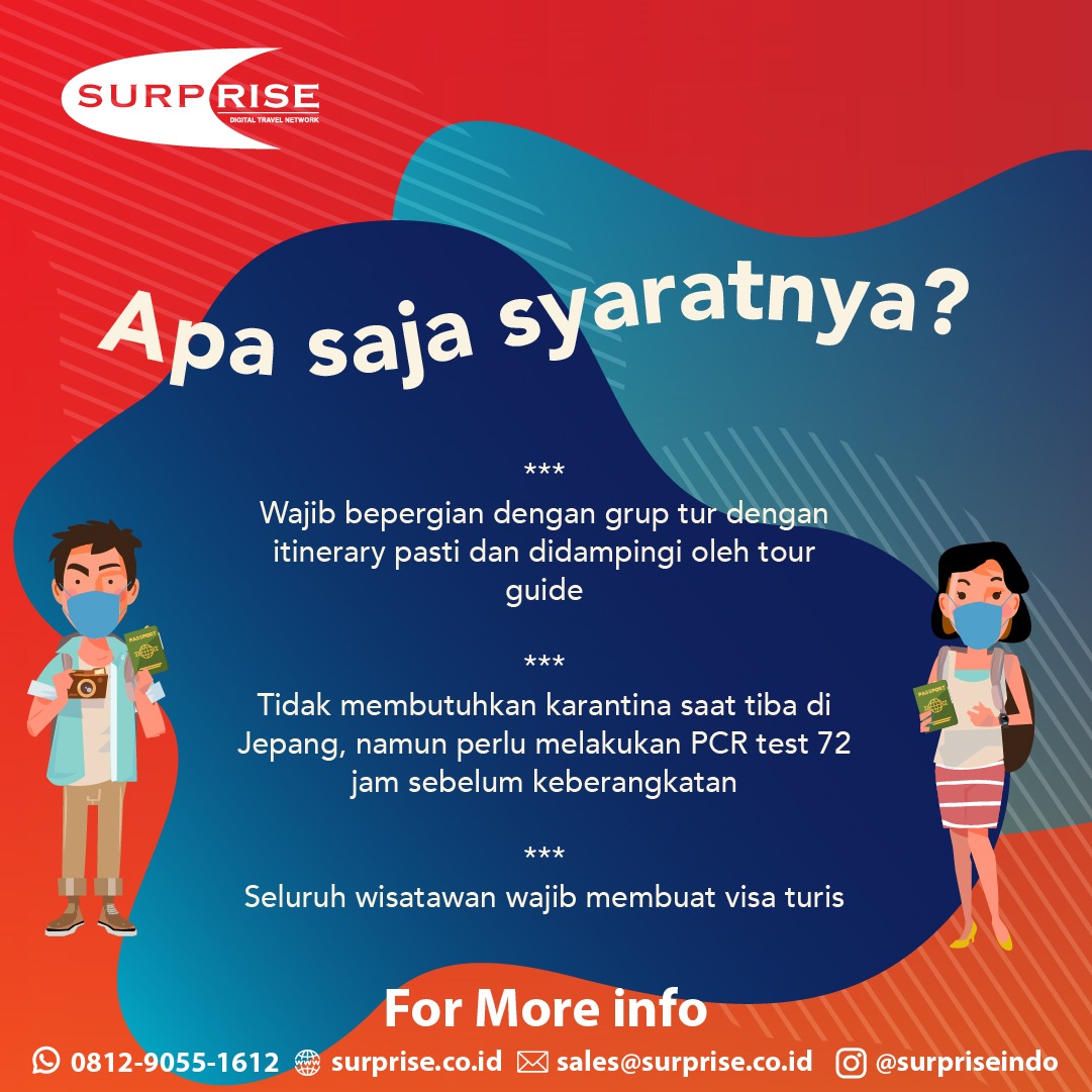 SurpriseIndo's tweet photo. Siapa yang sudah merindukan Jepang? Per tanggal 10 Juni, Pemerintah Jepang kembali membuka border untuk turis. Geser ke kiri untuk informasi selengkapnya mengenai aturan terbaru ini. 

Informasi selengkapnya hubungi kami di
WA : +62 81290551612 https://t.co/rRzYsE3Luj