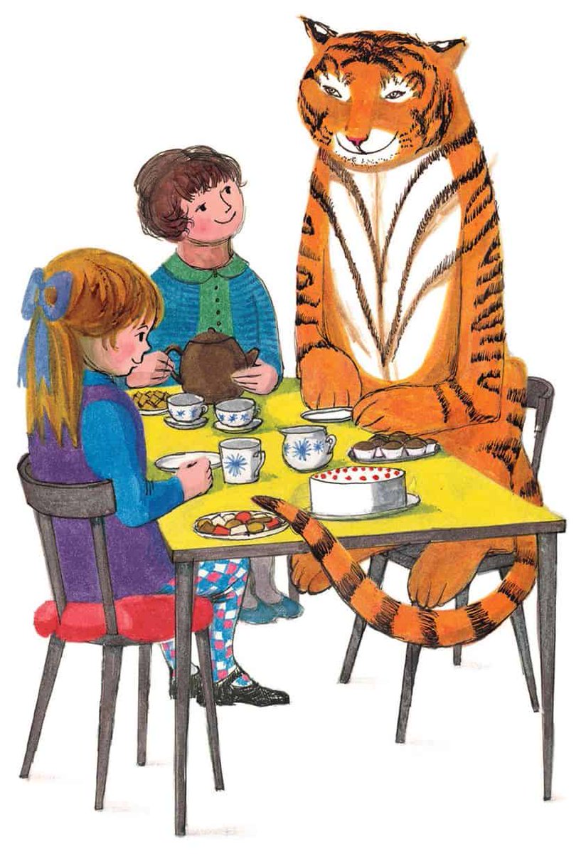 womensart1's tweet photo. The Tiger Who Came To Tea (1968), by Judith Kerr, author/illustrator of German-Jewish heritage whose family escaped the Nazis #WomensArt https://t.co/WfQfc5JdAD