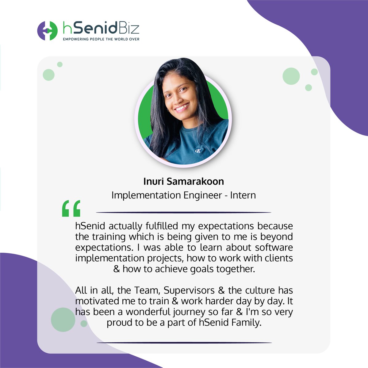 hSenidSoftware's tweet photo. We strive to make hSenid more than just a place to work, we want it to be a place where you can learn and grow each day. 🥰

Take a look at what one of our interns, Inuri Samarakoon (Implementation engineer) has to say about working at hSenid Business Solutions. 🤗
 #hsenidbiz https://t.co/lReIZNG5st